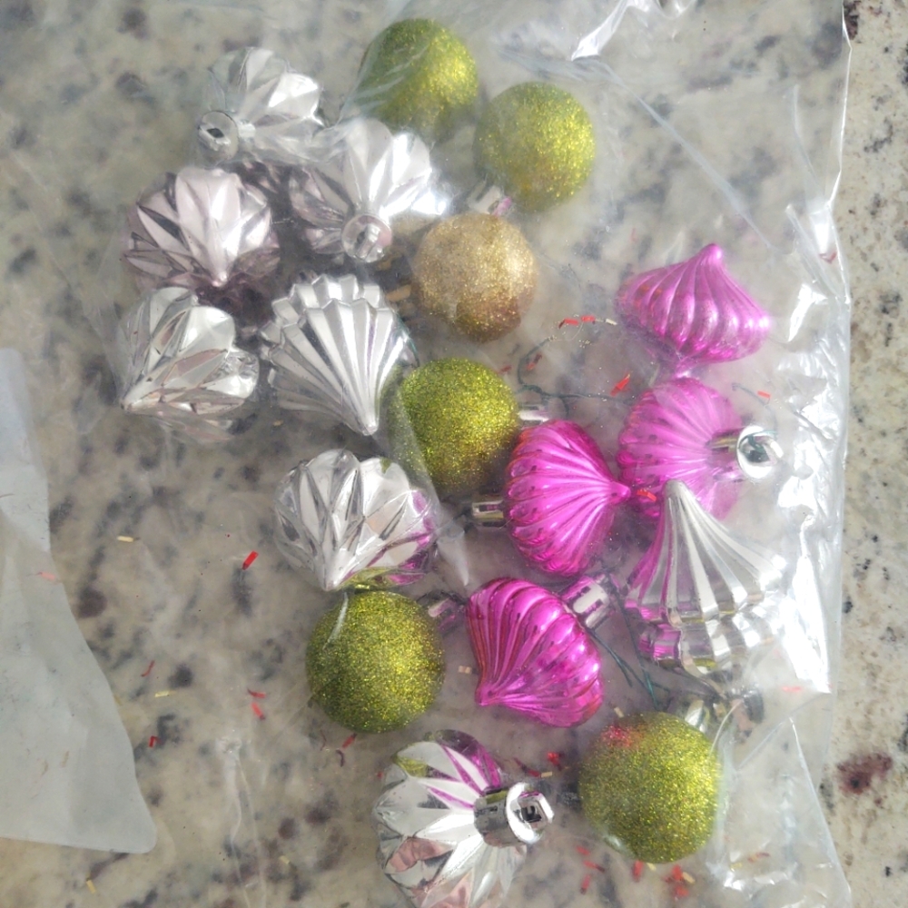 Small Plastic And Glass Christmas Ornaments/2, Small Red Bows, Ornament Hooks